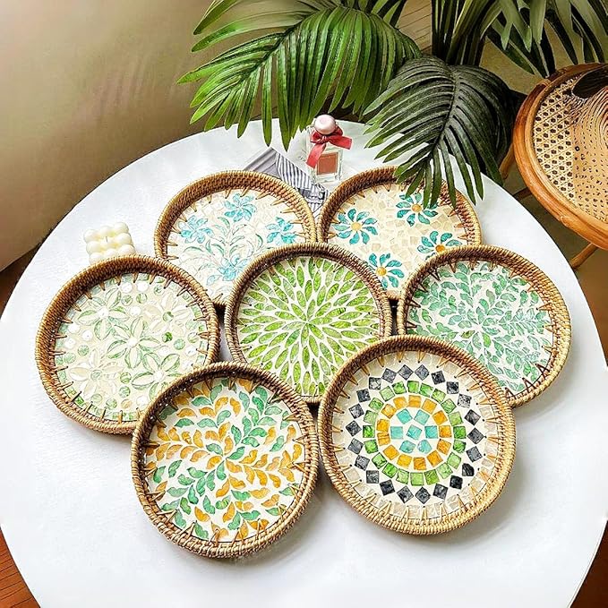 Handmade Round Rattan Tray with Mother of Pearl Inlay, Rattan Service Tray with Wooden Base, Table Decoration with Wicker Baskets, Storage and Display of Bread,Fruit,Desserts (Green Grape)