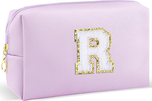 Gifts for Girls Initial Makeup Bag Personalized Cosmetic Bag with Zipper Cute Travel Toiletry Bag Waterproof PU Preppy Makeup Pouch Birthday Gift for Teen Girls Women(Purple R)