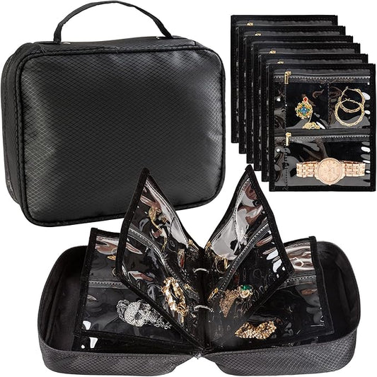 Travel Jewelry Organizer Case with Multiple Clear Zipper Pockets - Ring Binder Style Storage Bag for Necklaces, Earrings, Rings, Bracelets, Ideal for Gifts & Travel(black)