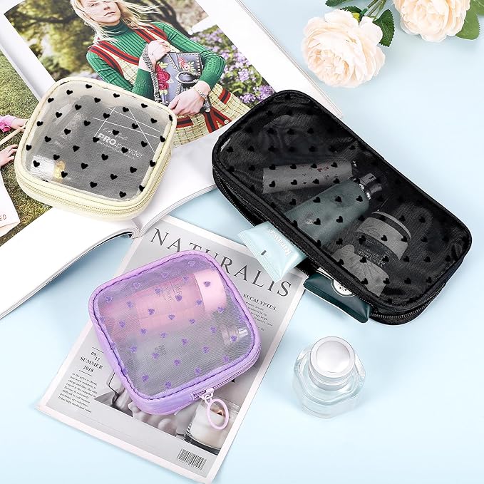 4 Pieces Mini Zipper Nylon Mesh Pouch, Mesh Cosmetic Bags Makeup Bags, Multipurpose Travel Toiletry Bags for Office Supplies and Travel Accessories (Heart Print-Black, M)