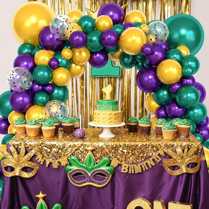Amandir 153pcs Mardi Gras Decorations Balloons Arch Garland Kit, Different Sizes 18 12 10 5inch Pearl Purple Green Gold Confetti Mardi Gras Balloons for Fat Tuesday Carnival Birthday Party Supplies