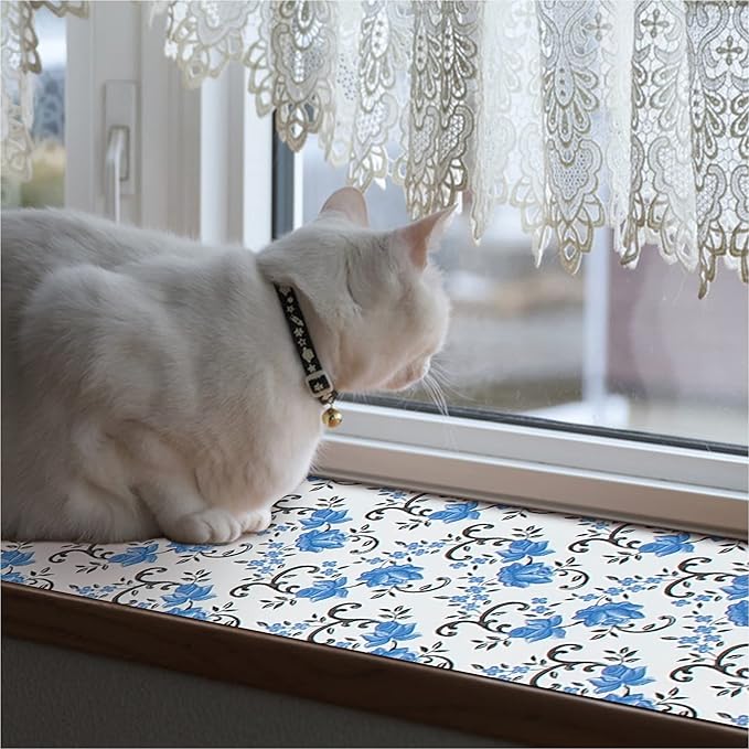 FIFTY FEET 18X96 Inch Shelf Liner for Kitchen Cabinets, PVC Drawer Liner for Dresser Non-Slip Bathroom, Non-Adhesive Cabinet Liner Washable (Blue Floral)(9 Roll)