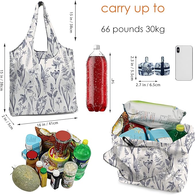 BeeGreen Froal Flowers Ultimate Travel Tote Bag - Reusable Grocery Shopping Bag - Foldable Compact Portable Sturdy Bags