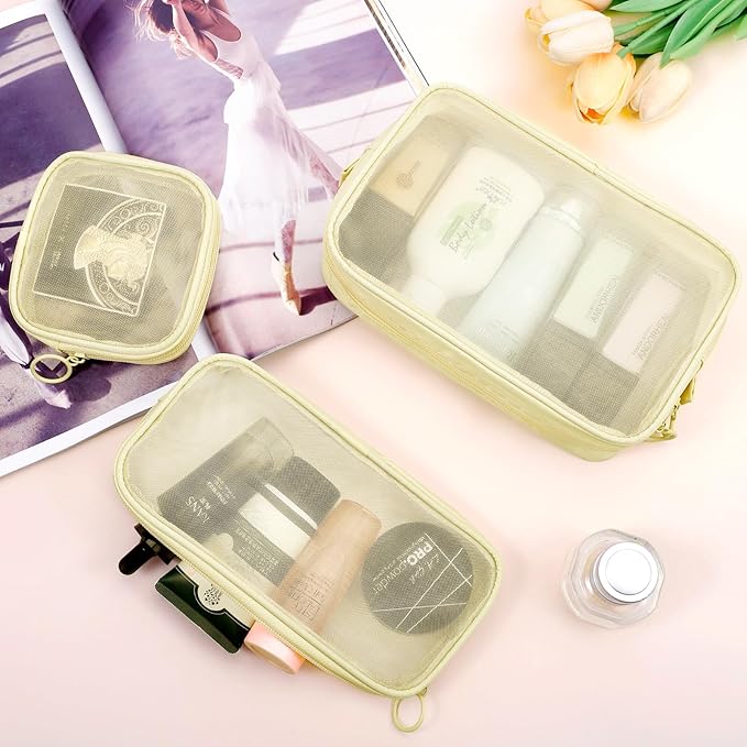 5 Pieces Mini Zipper Nylon Mesh Pouch, Mesh Cosmetic Bags Makeup Bags, Multipurpose Travel Toiletry Bags for Office Supplies and Travel Accessories (Beige, Assorted Sizes)