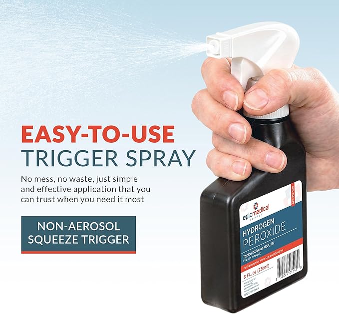 Epic Medical Supply Hydrogen Peroxide Spray 3% USP - First Aid Antiseptic for Cuts & Scrapes - Antiseptic Disinfectant Multi-Purpose Cleaner - 8oz / 236ml Trigger Spray Bottle (12 Bottles)