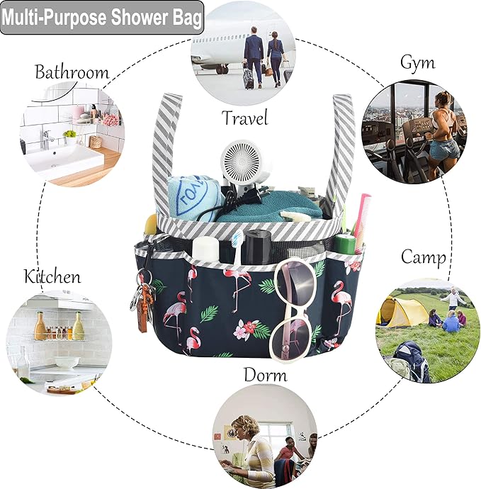 Haundry Portable Shower Caddy Bag with Long Handle, Fabric Caddy Tote Organizer with 8 Pockets for College Dorm Room Essentials, Hanging Bathroom Basket for Student Boy Girl Gym Travel Camp