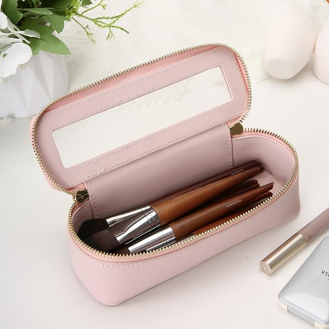 Aveniee Clear Makeup Brush Bag, Slim Cosmetic Brush Holder, small Toiletry Bag Mini Travel Case for Women, Thin Make up Bags with Dual Zipper, Cute Travel Essentials Organizer,Pink