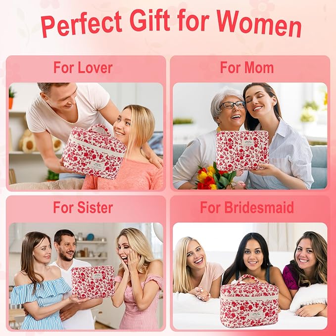 3Pcs Cotton Quilted Makeup Bag for Women Girls Large Small Travel Floral Cosmetic Bag Set Hot Pink Floral Print Zipper Make Up Pouch Aesthetic Cloth Flower Storage Toiletry Bags Organizer