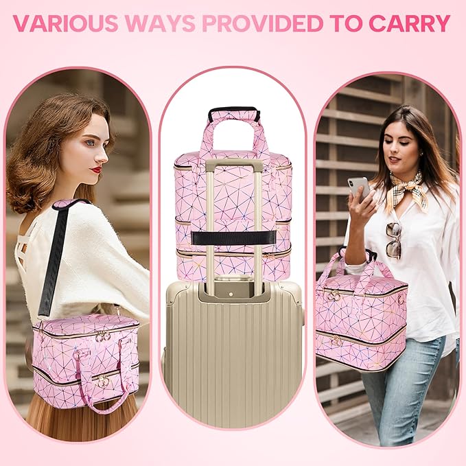 Nail Polish Organizer Bag Holds 84 Bottles & Nail Lamp, 3 Layers Nail Kit Storage Carrying Case Pu Leather, Large Nail Supplies Organizer With Shoulder Strap, Portable Travel Nail Bag, Pink