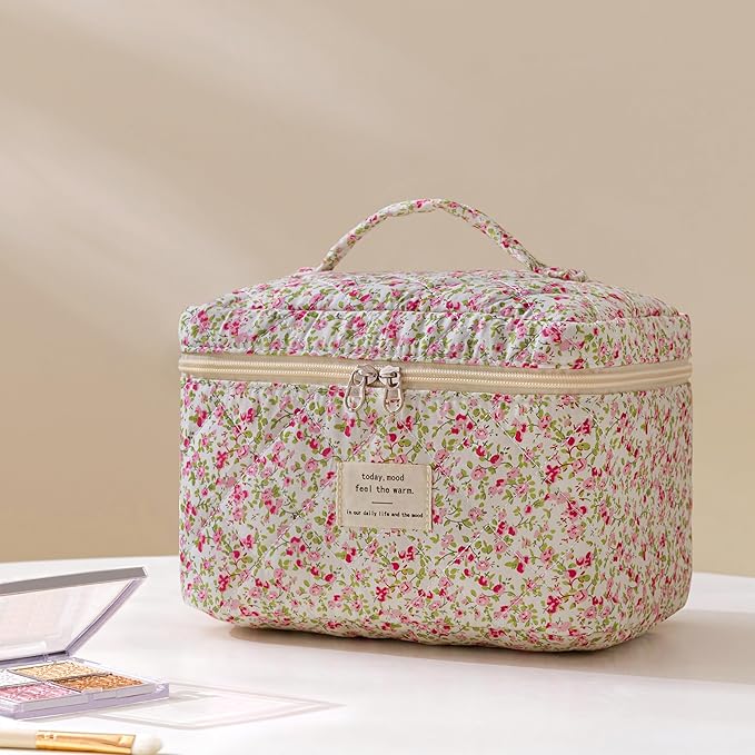 HBselect Quilted Makeup Bag, 3PCS Cotton Large Travel Makeup Bag, Cute Floral Coquette Make up Bag Cosmetic Bag Toiletry Bag for Women Girls