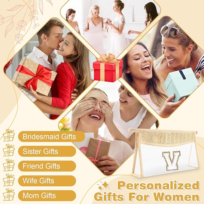 Personalized Initial Letter Bag Boho Straw Clear Makeup Bag, Small Cute Chenille Varsity Letter Pouch with Zipper, Beach Travel Toiletry, Portable Monogrammed Cosmetic Bag for Women Girls, V