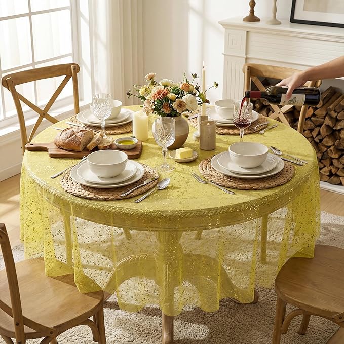 Horaldaily Yellow Gauze Tablecloth 60x60 Inch Round, Golden Sequin Glitter Metallic Foil, Sheer Tulle Cheesecloth for Wedding Baby Shower Ceremony Birthday