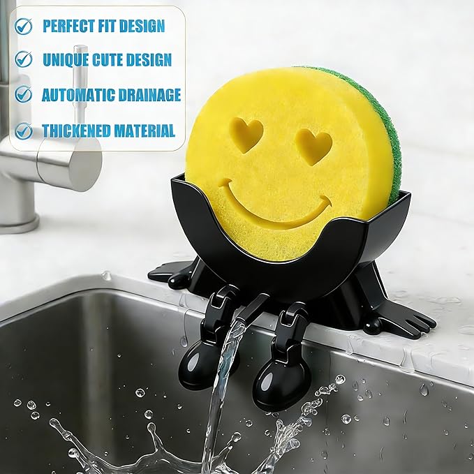 Cute Hanging Sponge Holder with Drainage, 3D Printed Kitchen Funny Sponge Stand for Sink, with Non-Slip Pads, Suitable for Scrub Daddy Holder, Keeps Your Sponge Dry Smiling (Black)