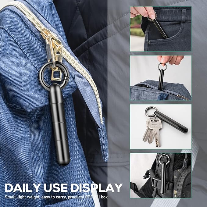 TISUR Keychain Pill Holder, Titanium Pill Case Small Pill Organizer Waterproof Pill Box, EDC Portable Pill Container Metal Tube for Travel Purse Outdoor