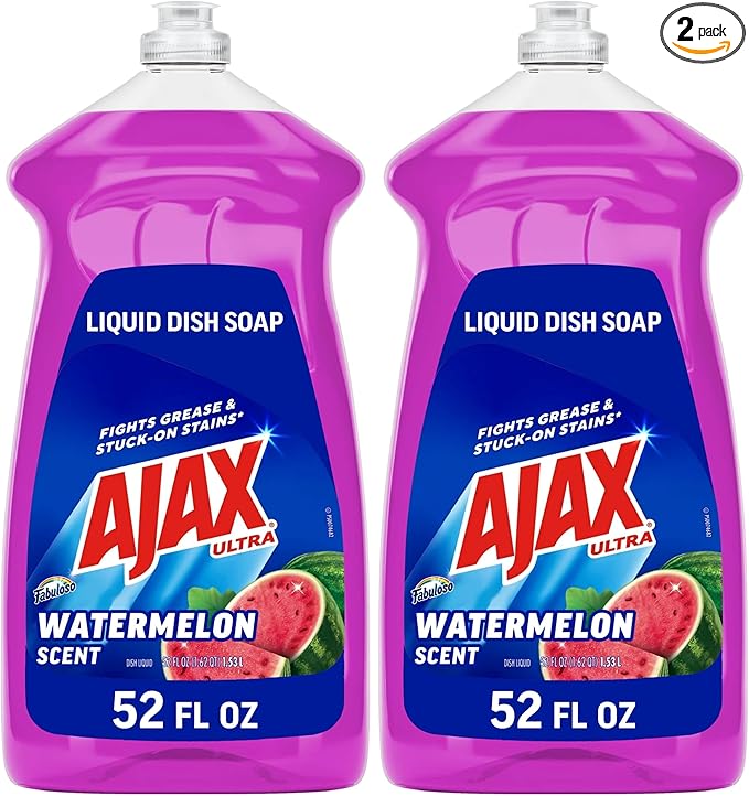Ajax Ultra Liquid Dish Soap with Fabuloso Watermelon Scent, Fights Grease and Stuck-On Stains, Deep Cleaning Action, Mess-Free, Easy-Flip Cap, 52 fl oz Bottle (Pack of 2)