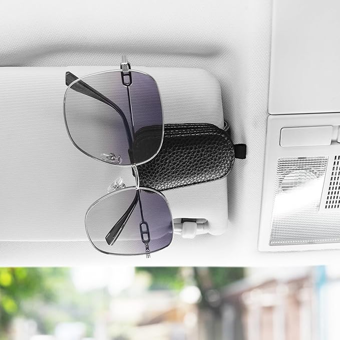 SINGARO Sunglasses Holder for Car, Leather Magnetic Buckle Sun Visor Sunglass Clip, Ticket Card Storage Glasses Clip, Car Interior Accessories for Men and Women（2PCS Black）
