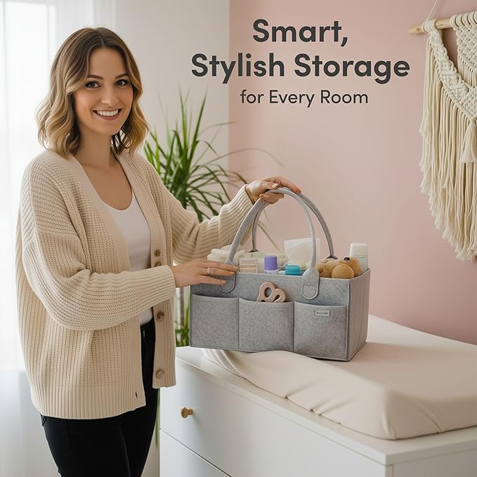 PUTSKA Nursery Storage Basket - Baby Diaper Caddy Organizer for Diaper Station, Newborn Essentials, Baby Shower Gifts and Registry Must-Haves for Boy or Girl