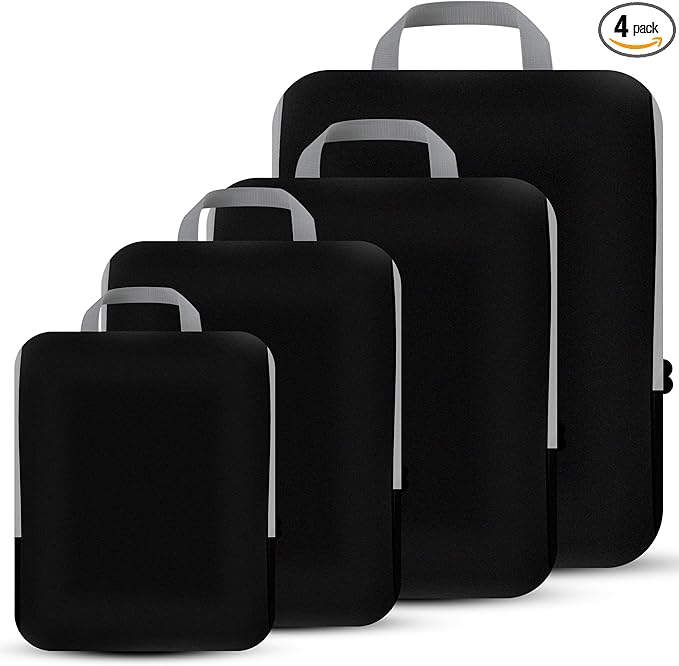4 Set Compression Packing Cubes Travel - Travel Accessories Expandable Packing Organizers for Carry On - Essentials Luggage Bags - Black
