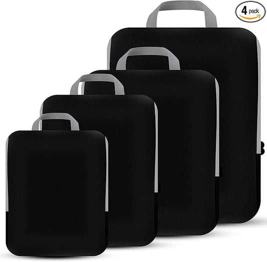 4 Set Compression Packing Cubes Travel - Travel Accessories Expandable Packing Organizers for Carry On - Essentials Luggage Bags - Black