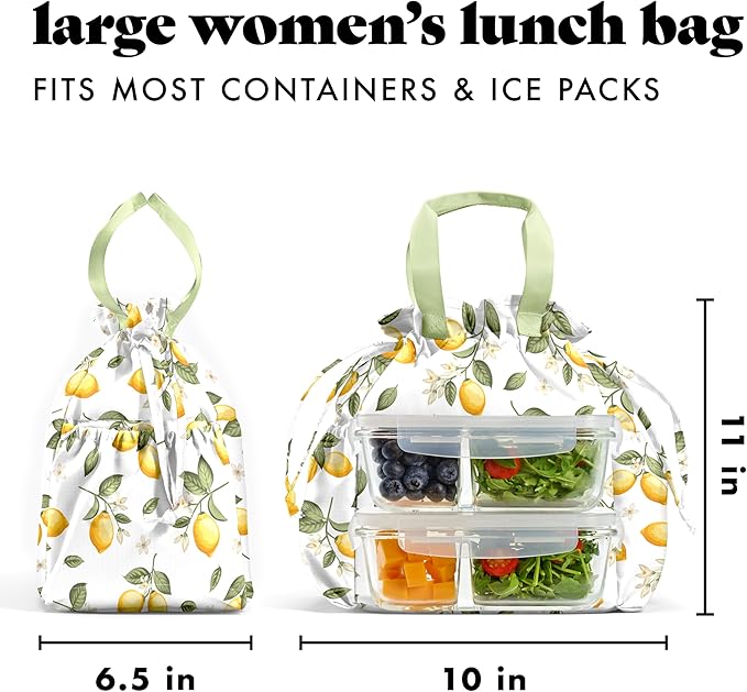 Fit & Fresh Cromwell Drawstring Lunch Bag for Women, Complete Lunch Set with 2 Containers, Stain-Resistant, Leak-Resistant, Back to School Essential, Teacher Lunchbox, Lemons