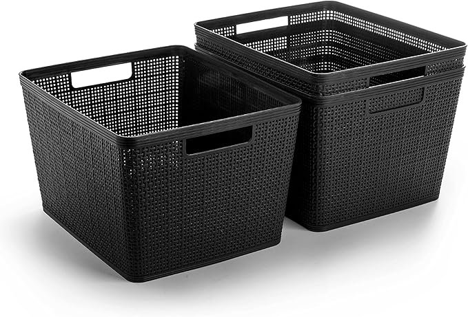 BINO | Woven Plastic Basket | Large (Black), 3-Pack | THE JUTE COLLECTION | Home Organization, Space-Saving Storage, Stylish Design | Jute Basket | Plastic Storage Basket