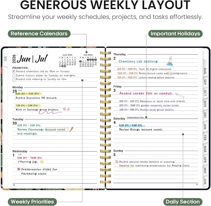 Planner 2026-2027, Academic Year Weekly and Monthly Calender Planner, from Jul 2026 - Jun 2027, Spiral Bound School Planning Book, Perfect for Teacher, Student, Women & Men, A5 (6.3" x 8.5"), Garden Bird