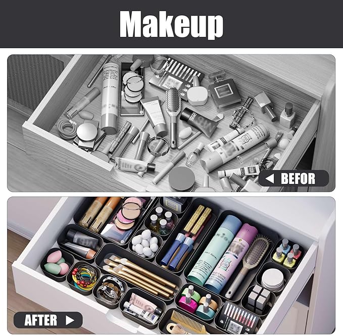 Homhut Plastic Drawer Organizers, 28 PCS Drawer Organizer Bins, Bathroom and Vanity Organizer Plastic Tray, Makeup organizer and storage for Makeup, Bedroom, Kitchen Gadgets Utensils and Office