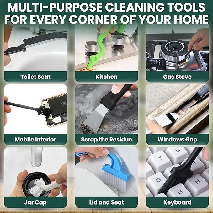 14 Pcs Crevice Cleaning Brush Set – Hard Bristle Cleaning Tools for Grout, Tile Floors, Gaps & Narrow Spaces – Multi-Purpose Grout Scrub Brush for Cleaning Bathroom, Shower, Window Tracks, Kitchen