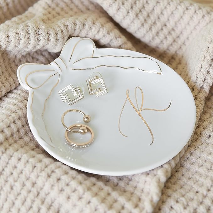 COLLECTIVE HOME - Personalized Initial Ceramic Jewelry Tray with Bow, Christmas Gift Ideas for Women, Small Gift for Girlfriend Wife, Ring Holder, Earrings Dish, Birthday Gift for Her (R)