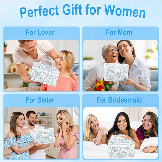 3Pcs Makeup Bag Quilted Cosmetic Bag Set Bow Travel Large Makeup Pouch for Women Cute Portable Cotton Toiletry Bag Skincare Organizer Coquette Vintage Travel Essential