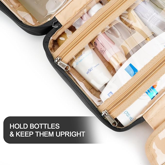 Travel Hanging Toiletry Bag for Women and Men, with 8 Leak Proofing Silicone Bottle Covers, Waterproof Makeup Accessories, Cosmetic Essentials, Cruise Ship Toiletry Bag with Jewelry Organizer, Black