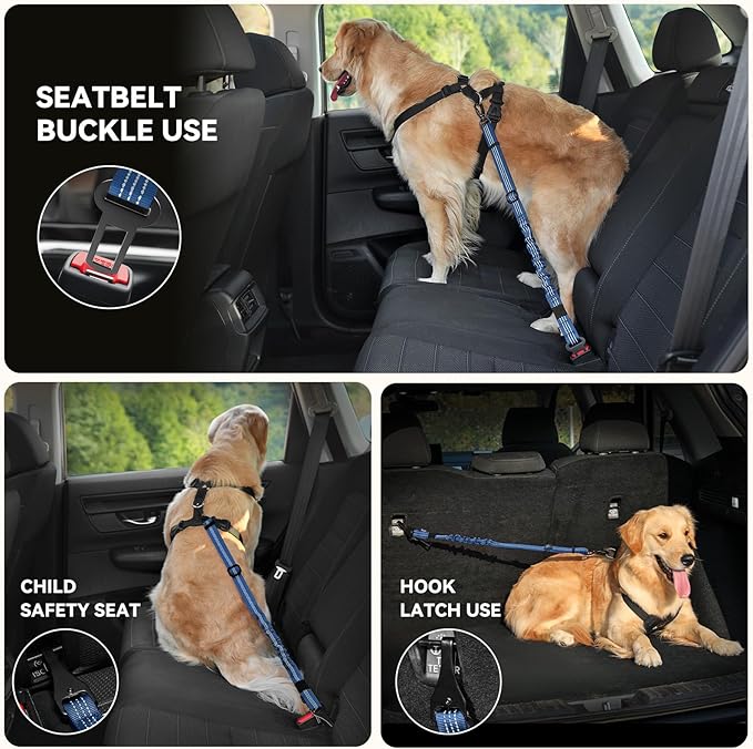 Pawaboo 2Pack Dog Seatbelt for Car, 3-in-1 Dog Car Seat Belt, Shockproof Dogs Tether with Buckle & Hook Latch, Adjustable Reflective Dogs Cars Harness Leash with 360° Lockable Buckle, Indigo/Black