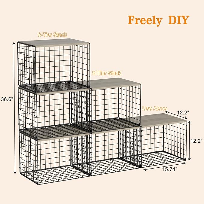 Extra-Long Closet Organizers and Storage with Top Board, 3 Pack Stackable Closet Shelf Organizer, Double Storage Design Clothes Storage Cube/Bin Organizer for Wardrobe, Space-Saving, Black, Sturdy, Metal
