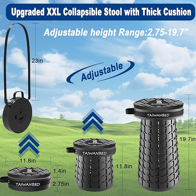 Upgraded XXL Taller 19.7" Wider 11.8" Collapsible Stool with Cushion,Adjustable Seat with Load Capacity 1000lbs, More Taller&Wider Portable Retractable Stool for Adults Camping Fishing Hiking BBQ