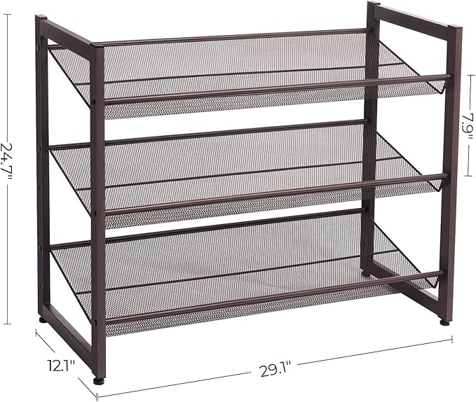 SONGMICS Shoe Rack, 3-Tier Shoe Organizer, Metal Shoe Storage for Garage, Stackable Shoe Shelf, with Adjustable Flat or Angled Shelves, 9-12 Pairs, Bronze ULMR03A