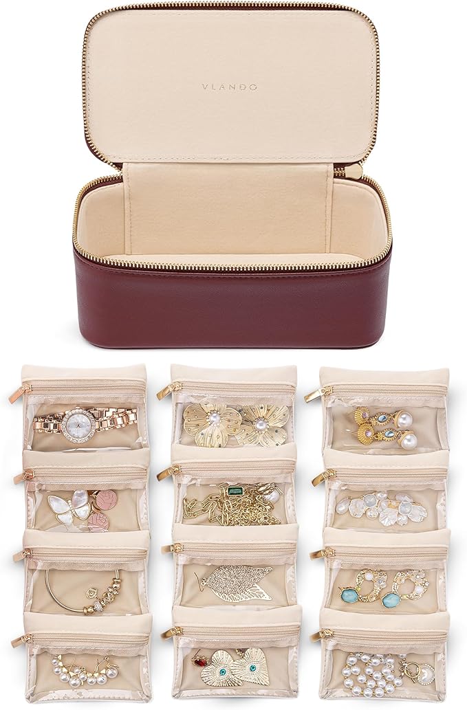 Vlando Jewelry Travel Case, Travel Jewelry Organizer with Clear Velvet Jewelry Bags, 12Pcs Zipper Pouch for Women, Gifts for Friends, Sister - Red