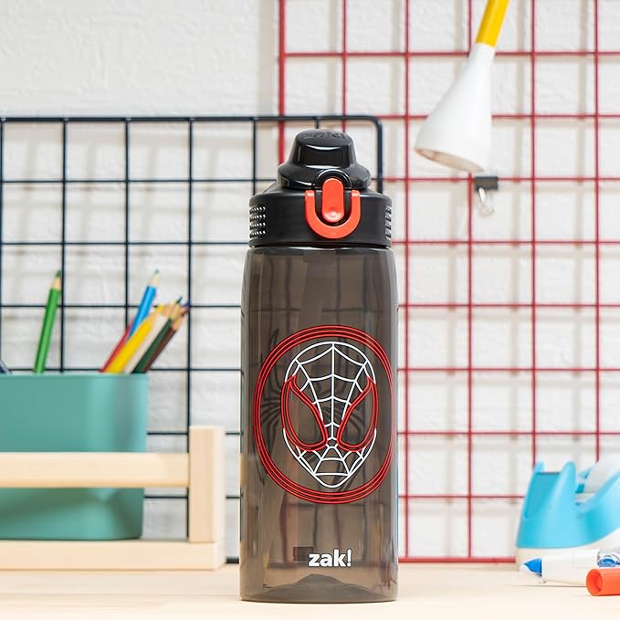 Zak Designs Marvel Spider-Man Sage Water Bottle For School or Travel, 25oz Durable Plastic Water Bottle With Straw, Handle, and Leak-Proof, Pop-Up Spout Cover (Miles Morales)