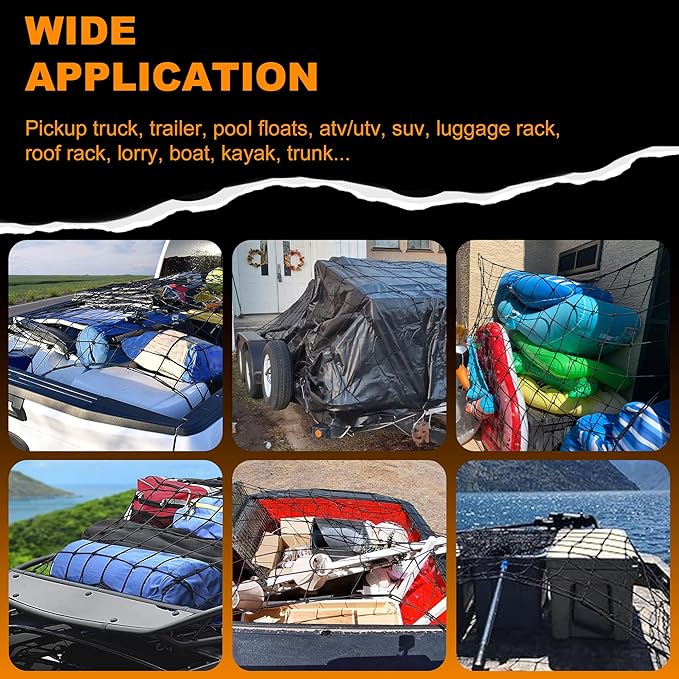 Seven Sparta 4' x 4' Large Cargo Net for Pickup Truck Bed Stretches to 7' x 7' for Truck Bed, Trailer, Trunk, SUV with 12 Bonus D Clip Carabiners Cargo Net for Large Loads (Black, 4'x4')