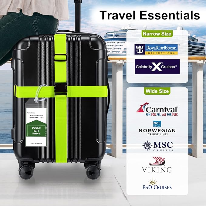 8 Pack Luggage Straps and Cruise Luggage Tags Set (4 Straps, 4 Wide Tags), Luggage Straps for Suitcases TSA Approved Suitcase Tags, Green