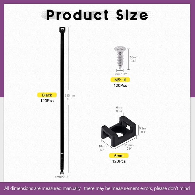 Swpeet 360Pcs Black Self-Locking Cable Zip Tie (150x4mm) and 6mm/0.24inch Saddle Type Cable Tie Mounts Base with Deep Thread Flat Head Screws Assortment Kit, Wire Holder Wire Cable Clips Organizer