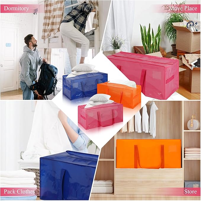 6 Pack Heavy Duty Extra Large Moving Bags with Handles, Waterproof Foldable Storage Totes, Clothing Storage Bags, Packing Moving Boxes for College Supplies & Seasonal Storage, Multicolor
