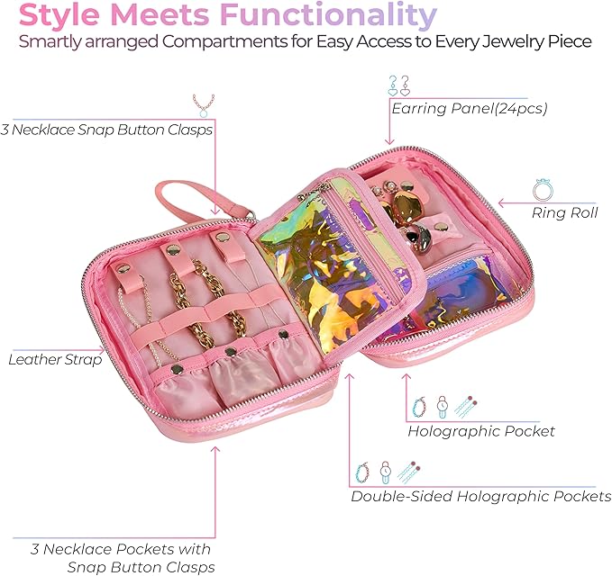 Travel Jewelry Organizer Case with Zipper and Mirrored Charm, Small Portable Jewelry Storage Bag for Rings, Necklaces, Earrings, Travel Pouch, Christmas Winter Gift for Her, Holographic Pink