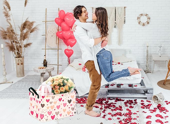 KUNRO Rectang Heart Valentine's Storage Basket Gift Shelf Basket Storage Bin, Nursery Basket Organizer Box for With Handles for Room Deco