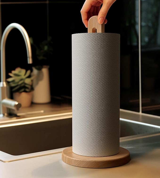 KitchLife Wooden Paper Towel Holder Countertop, Fits Jumbo Roll - Solid Beechwood Paper Towel Dispenser Stand with Anti-Skid Base, 1 Pack