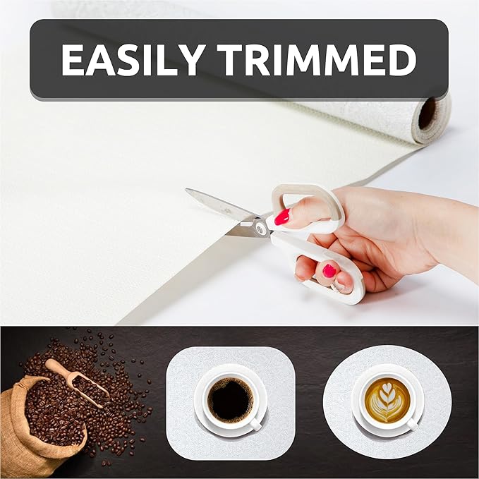 12X120 Inch Shelf Liner with Scissor & Tape Measure for Kitchen Cabinets, PVC Drawer Liner for Dresser Non-Slip Bathroom, Non-Adhesive Cabinet Liner Washable (White)