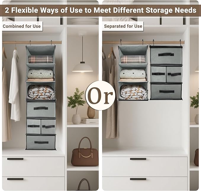 2-in-1 Durable 6-Tier Hanging Closet Organizer with 4 Removable Drawers,2 Separable 3-Tier Thickened Fabric Hanging Shelf Clothes Storage Organization Space-saving for Bedroom,Dorm,Guestroom,RV,Travel