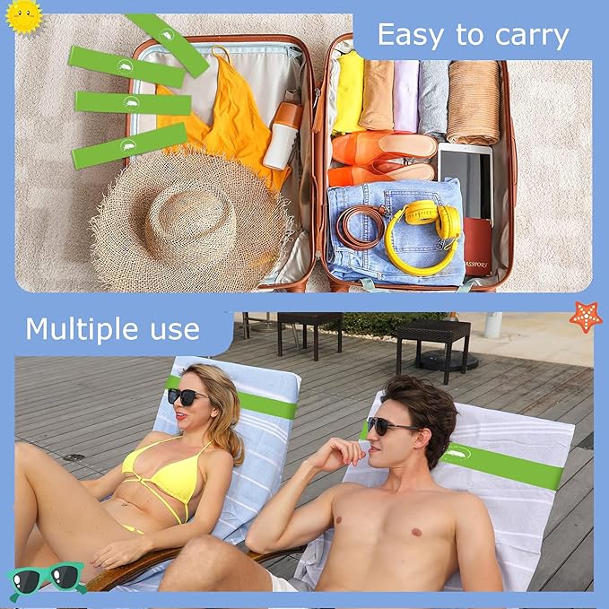 Towel Bands (6 Pack) - Stretch Beach Towel Clips for Beach Cruise Pool Chairs, Lounge Towel Holder Elastic, Cruise Ship Essentials (Green)