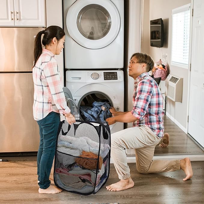 Collapsible Pop Up Laundry Hamper, Extra Large Mesh Foldable Laundry Basket, 28" x 16" x 16", 2 Pack (Black + Gray)