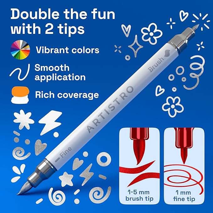 ARTISTRO 36 Metallic Acrylic Paint Markers - Paint Pens for Drawing, Brush + Fine Tips - For Fabric, Rock, Glass, Wood, DIY - Art & Craft Supplies for Adults, Teens, Kids - Teacher Appreciation Gift