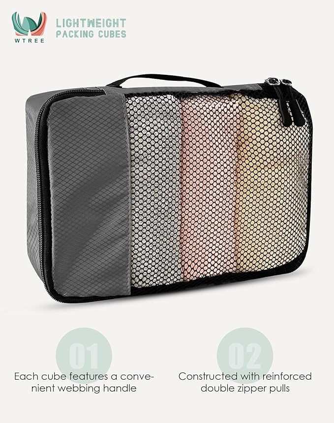 4-Piece Packing Cubes Travel Accessories Set for Suitcases - Luggage Organizer Bags with Double Zipper - Mesh Top - Small/Medium/Large/Slim - Dark Grey